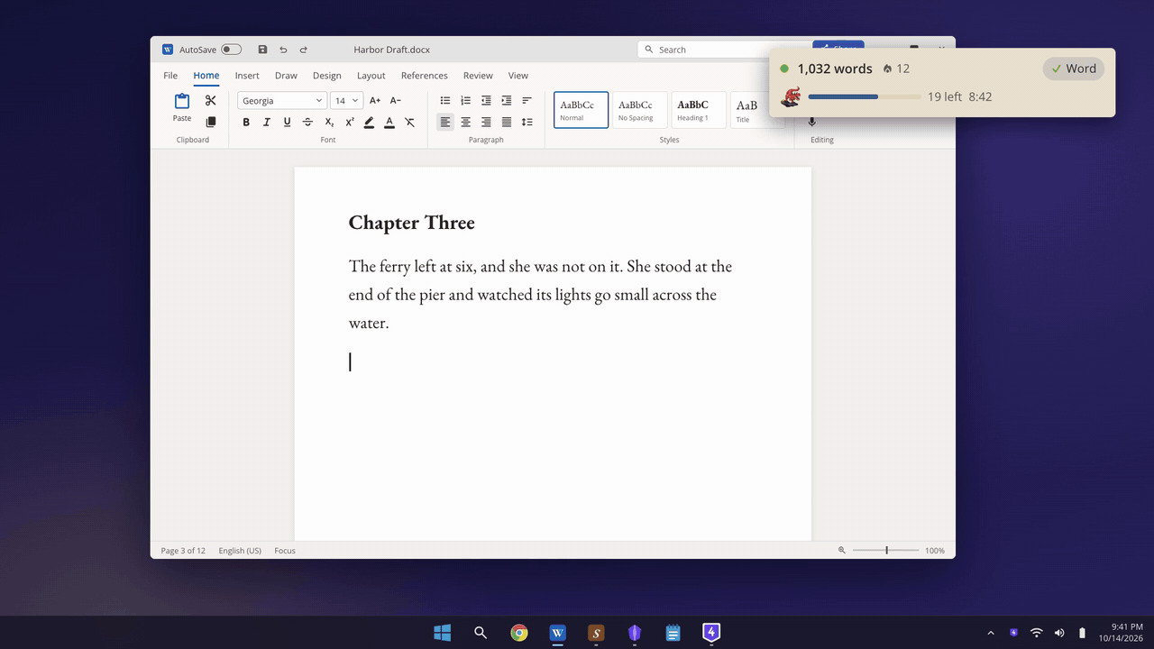 4thewords on a Windows desktop, counting words as they are typed in Word, Scrivener and Obsidian, then winning the battle