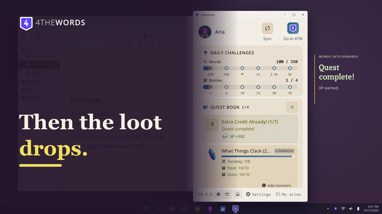A 4thewords desktop battle where writing words deal damage to a monster