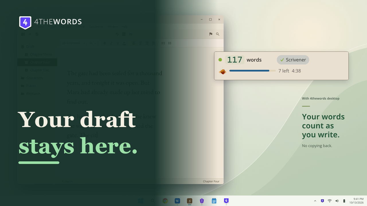 4thewords desktop app counting words in Scrivener while a monster battle plays